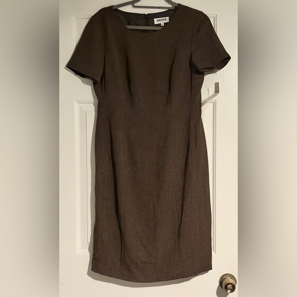 KASPER WOMENS DRESS Brown Gold Highlights Short Sleeve Sheath Dress Size 10 NWT